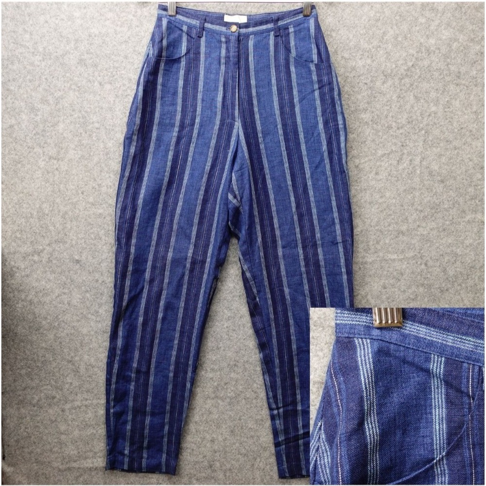 Vintage 90s Linen Pants Womens XS 2 ANN TAYLOR Blue Stripe Tapered Mom USA 26x30